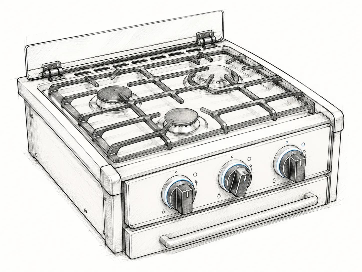 The RV's propane stove and burner knobs