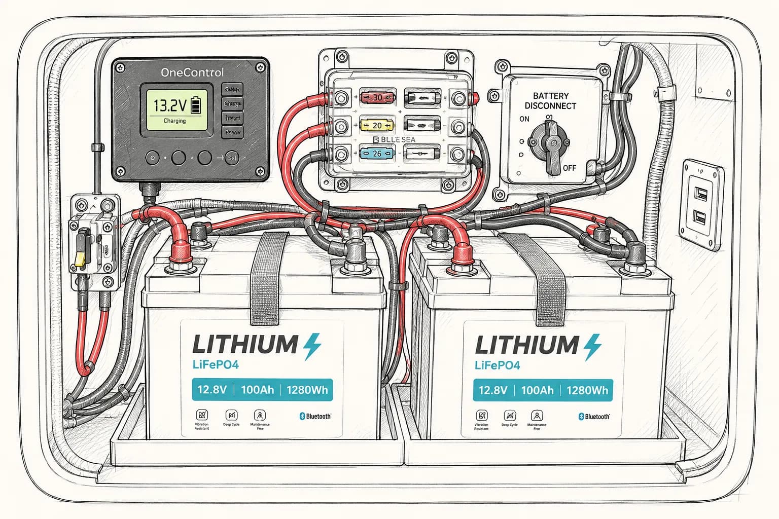 The RV's two onboard lithium batteries