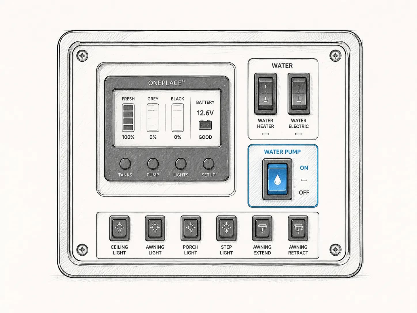 The RV water pump switch on the control panel